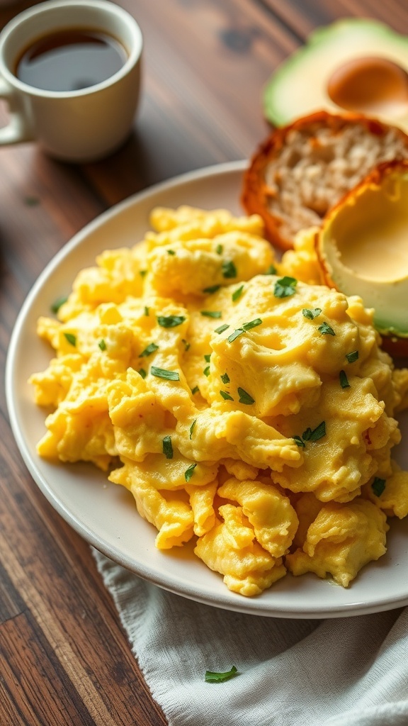 Fluffy scrambled eggs with herbs on a plate, served with toast and avocado slices.